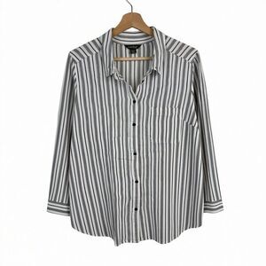 Lucky Brand Striped Linen Blend Shirt Women 1X Grey White Coastal Gauzy Casual